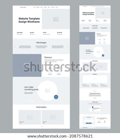 Website landing design template. One page site wireframe.