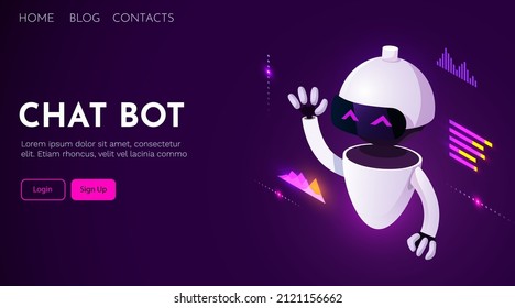 Website landing home page with robot. Chatbot or AI concept. Modern android. Chat bot banner template. Web banner design. Vector illustration