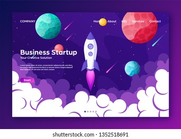 Website landing home page with rocket. Business project startup and development modern flat background. Mobile web design template. Space travel on a rocketship. Vector illustration.