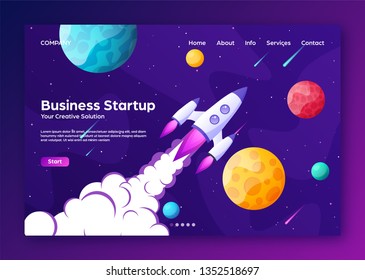 Página de inicio de aterrizaje en el sitio web con cohete. Inicio y desarrollo de proyectos empresariales con un fondo plano moderno. Plantilla de diseño web móvil. Viaje espacial en un cohete. Ilustración vectorial.