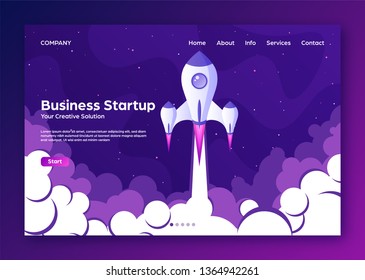 Website landing home page with rocket. Business project startup and development modern flat background. Mobile web design template. Space travel on a rocketship. Vector illustration.