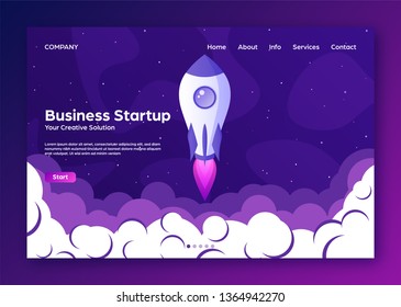 Website landing home page with rocket. Business project startup and development modern flat background. Mobile web design template. Space travel on a rocketship. Vector illustration.