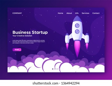 Website landing home page with rocket. Business project startup and development modern flat background. Mobile web design template. Space travel on a rocketship. Vector illustration.