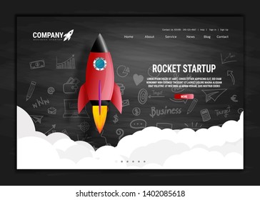 Website landing home page with rocket. Business project startup and development modern flat background. Mobile web design template. Web banner design. Startup concept. 