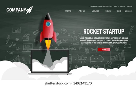 Website landing home page with rocket. Business project startup and development modern flat background. Mobile web design template. Web banner design. Startup concept. 