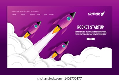 Website landing home page with rocket. Business project startup and development modern flat background. Mobile web design template. Web banner design. Startup concept. 