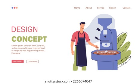 Website landing page about coffee production. A man roasts coffee beans in a roaster. Flat style isolated on white background. Vector illustration.