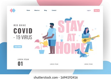 Website landing page about home quarantine concept design. Stay at home. People enjoy home activity. playing guitar, take care plants. Vector illustration
