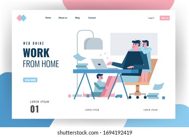 Website landing page about home quarantine concept design. Multitasking Father Working From Home with kids. vector illustration