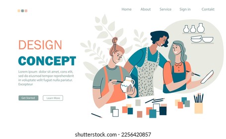 Website landing page about pottery classes, workshop, art classes for adults. Women paint ceramic pots together with the teacher. Flat style, web page design. Vector template.