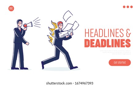 Website Landing Page. Angry Manager is Shouting At Employee By Loudspeaker In The Office. Boss Wants Worker To Hurry Up Because Deadlines Have Failure. Cartoon Linear Outline Flat Vector Illustration