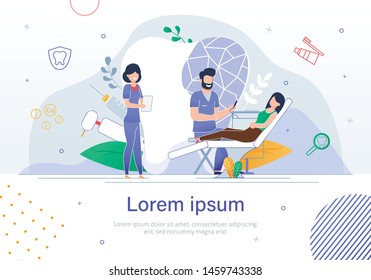 Website Landing Page Banner Visit Dental Clinic. Smiling Doctor, Dentist Examine Teeth Girl Patient Dental Chair, Consult. Assistant Helps. Dental Clinic Equipment. Flat Vector Illustration