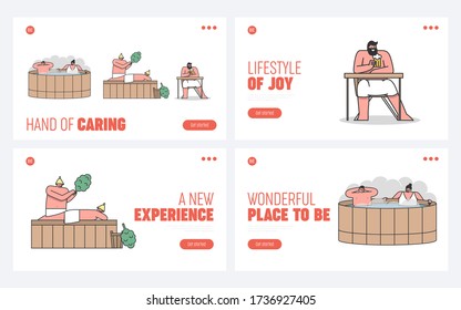 Website Landing Page. Bathhouse Hot Steam Procedures. People Bathe In Jacuzzi, Take Traditional Procedures With Bath Broom, Drink Beer. Web Page Cartoon Linear Outline Flat Vector Illustrations Set