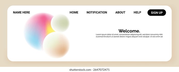 A website landing page with a beige background and rounded corners. The left side features abstract, blurred.