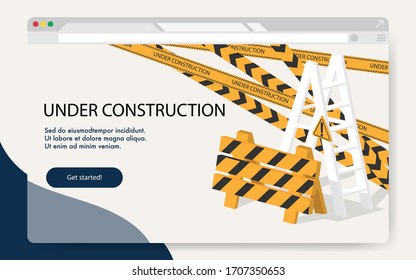 Website landing page of broken website page- website is under construction landing user interface page/tempage. Construction stair with wooden stop sign.Minimal vector design template.