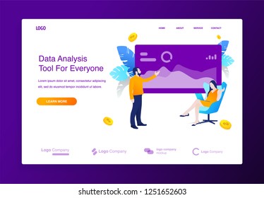 Website or landing page with Business men stand in front of the data screen and business women sit in chairs holding laptop, data analysis concept illustration