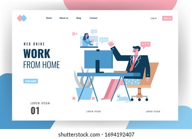 Website landing page. Businessman wearing suits and shorts having video in the home office. Home quarantine concept design. vector illustration 