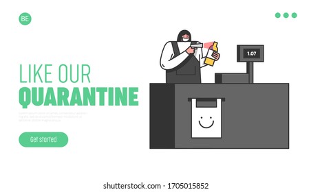 Website Landing Page. Cashier Is Scanning Goods By Barcode Scanner In The Supermarket Wearing Protective Mask For Safety During Quarantine. Web Page Cartoon Linear Outline Flat Vector Illustration