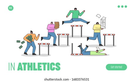 Website Landing Page. Characters Has Some Difficulties On Their Business Way Like Different Barriers. Metaphor Of Business Like Steeplechase. Cartoon Linear Flat Style. Vector Illustration