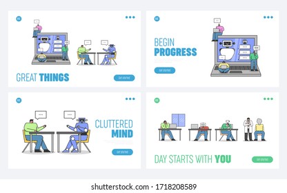 Website Landing Page. Characters Are Integrating Artificial Intelligence Combine Deep, Machine Learning And Testing It On Robot. Web Page Cartoon Linear Outline Flat Style. Vector Illustrations Set