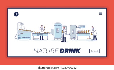 Website Landing Page. Characters Work At Juices Production Factory. People Sort, Wash, Crush Fruits With Equipment And Filling Fresh Juice. Web Page Cartoon Linear Outline Flat Vector Illustration