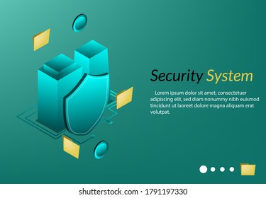 Concepto de página de aterrizaje del sitio web guardar datos, concepto de seguridad isométrico edificio privado fondo privacidad digital
