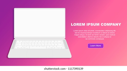 Website Landing Page Concept, Vector Illustration. White Realistic Laptop Mockup, Front View, Trendy Ultra Violet Background With Space For Text.