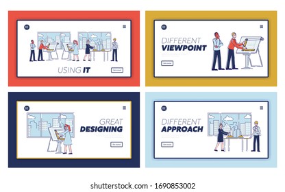 Website Landing Page. Creative Architects Team Are Drawing The Project Of Residential Area Using Professional Architecture Tools. Web Page Cartoon Linear Outline Flat Style. Vector Illustrations Set