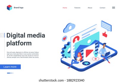 Página de inicio del sitio web diseño creativo con caricatura hombre isométrico mujer personajes de usuario trabajan con archivos multimedia base de datos, carga y reproducción de música o video película. Ilustración del vector de datos de medios digitales