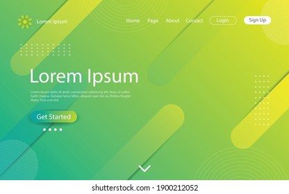 Website landing page design with abstract geometric and dynamic shapes on yellow and green color background. Vector illustration eps10.