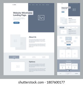 Website Landing Page Design For Business. One Page Site Wireframe Layout Template. Modern Flat UX/UI Site Development. Responsive Cool Web Page Design Concept.