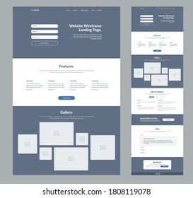 Website landing page design for business. One page site wireframe layout template. Modern flat UX/UI site development. Responsive web page design concept.