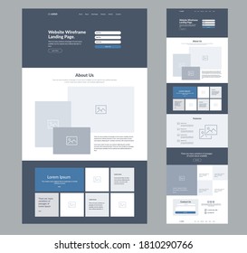 Website landing page design for business. One page site wireframe layout template. Modern flat UX/UI site development. Responsive web page design concept.