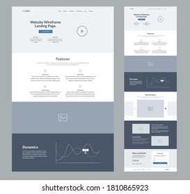 Website Landing Page Design For Business. One Page Site Wireframe Layout Template. Modern Flat UX/UI Site Development. Responsive Web Page Design Concept.