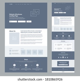 Website Landing Page Design For Business. One Page Site Wireframe Layout Template. Modern Flat UX/UI Site Development. Responsive Web Page Design Concept.