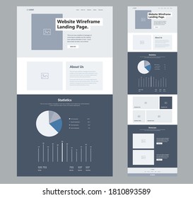 Website landing page design for business. One page site wireframe layout template. Modern flat UX/UI site development. Responsive web page design concept.