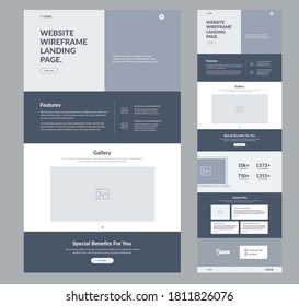 Website Landing Page Design For Business. One Page Site Wireframe Layout Template. Modern Flat UX/UI Site Development. Responsive Web Page Design Concept.