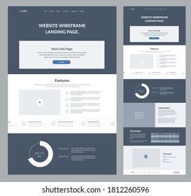 Website Landing Page Design For Business. One Page Site Wireframe Layout Template. Modern Flat UX/UI Site Development. Responsive Web Page Design Concept.