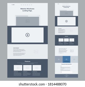 Website landing page design for business. One page site wireframe layout template. Modern flat UX/UI site development. Responsive web page design concept.