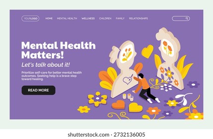 Diseño de la página de aterrizaje del Sitio web que muestra escenas de salud mental