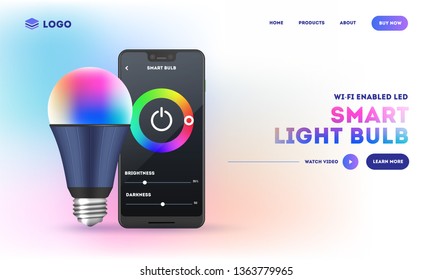 Website landing page design with smart led bulb connected smartphone on multicolor background.