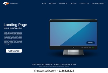 Website landing page design template. Blue vector background with desktop monitor illustration