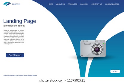 Website landing page design template. White-blue abstract geometric background with realistic photo camera illustration