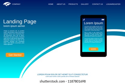 Website landing page design template. Blue-white abstract vector background with smartphone flat illustration