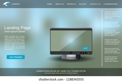 Website landing page design template. Abstract colorful blurred background with realistic desktop computer illustration