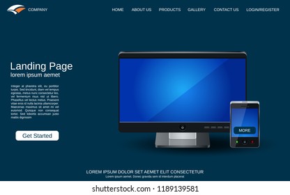 Website landing page design template. Blue vector background with desktop monitor and smartphone realistic illustration