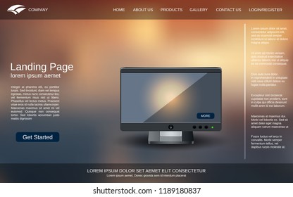 Website landing page design template. Abstract colorful blurred background with realistic desktop computer illustration. Design for webpage and application