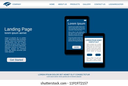 Website landing page design template. Blue vector background with smartphone flat illustration. Design for webpage and application