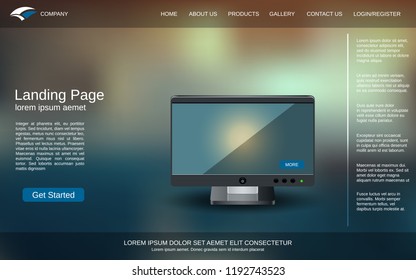 Website landing page design template. Abstract colorful blurred background with realistic desktop computer