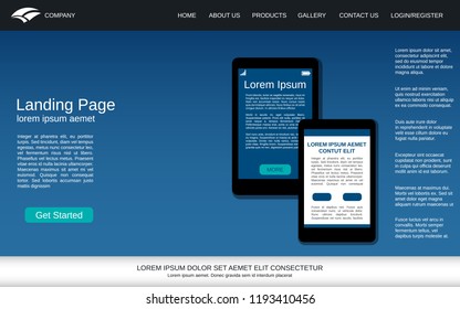 Website landing page design template. Blue vector background with smartphone flat illustration. Design for webpage and application